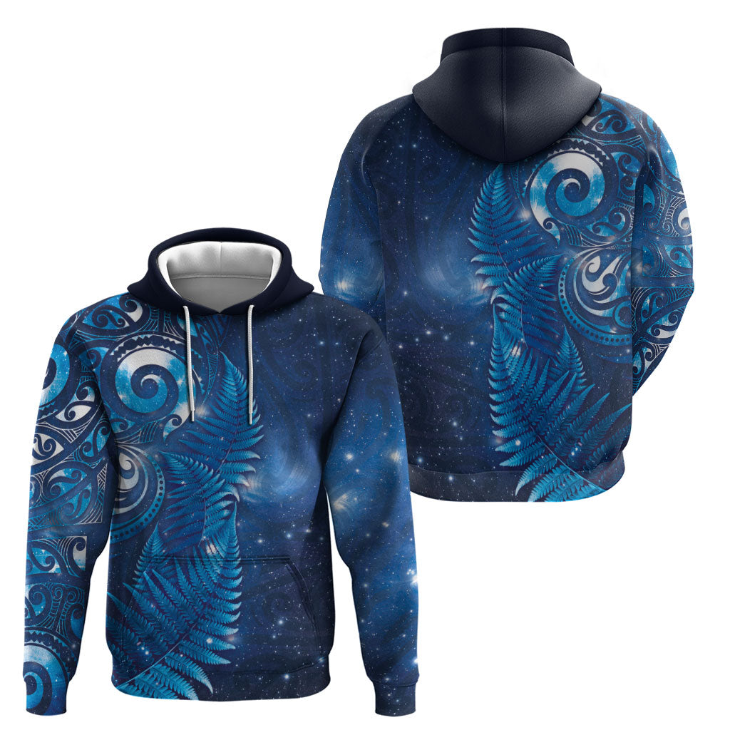 Aotearoa New Zealand New Year Zip Hoodie Tribal Koru Tattoo Blue Galaxy Maori Silver Fern