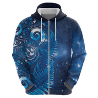 Aotearoa New Zealand New Year Zip Hoodie Tribal Koru Tattoo Blue Galaxy Maori Silver Fern
