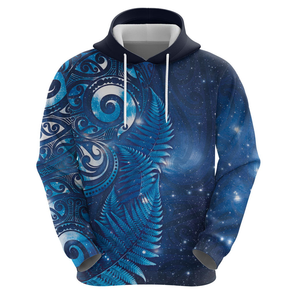 Aotearoa New Zealand New Year Zip Hoodie Tribal Koru Tattoo Blue Galaxy Maori Silver Fern