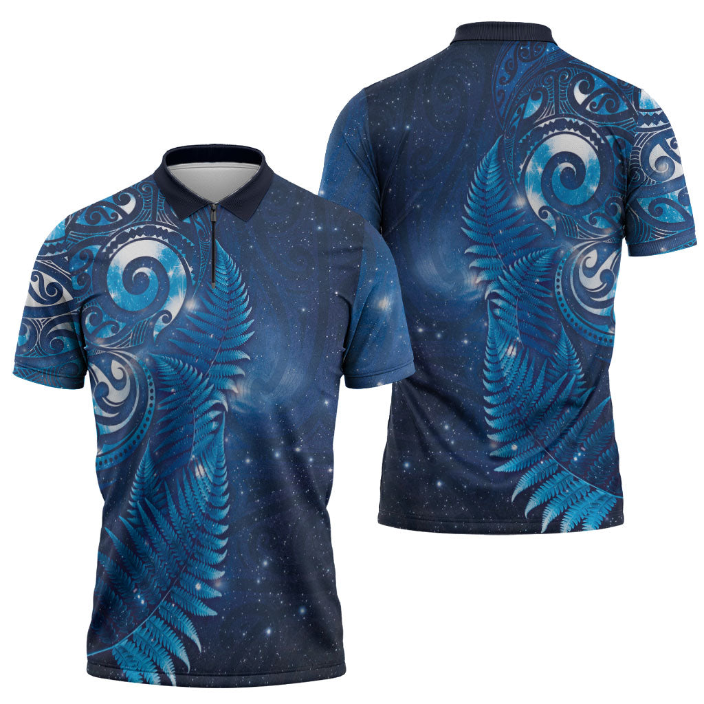 Aotearoa New Zealand New Year Zipper Polo Shirt Tribal Koru Tattoo Blue Galaxy Maori Silver Fern