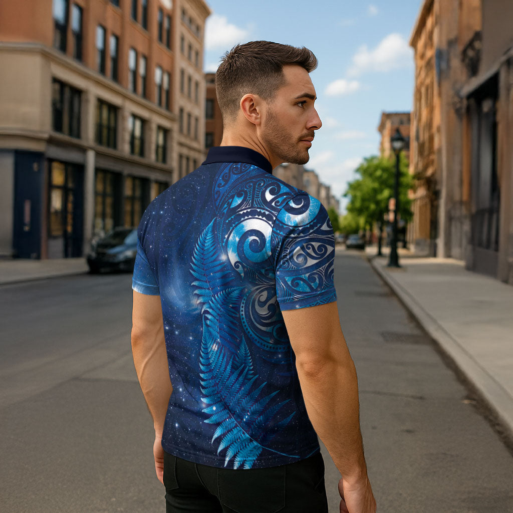 Aotearoa New Zealand New Year Zipper Polo Shirt Tribal Koru Tattoo Blue Galaxy Maori Silver Fern