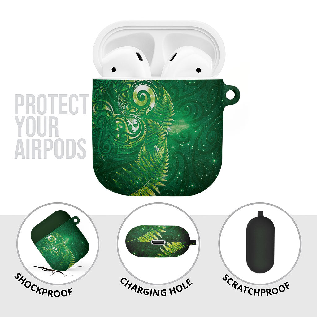 Aotearoa New Zealand New Year AirPods Case Tribal Koru Tattoo Green Galaxy Maori Silver Fern