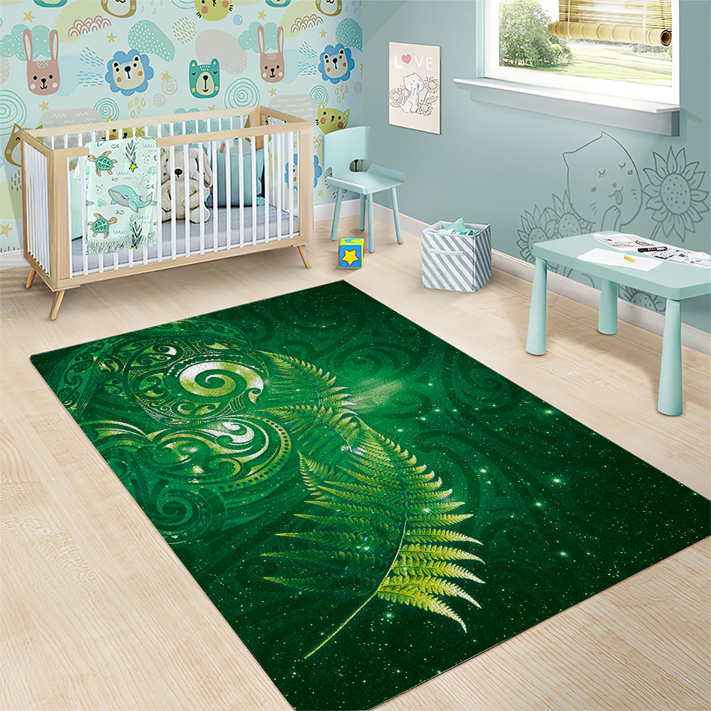 Aotearoa New Zealand New Year Area Rug Tribal Koru Tattoo Green Galaxy Maori Silver Fern