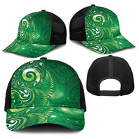 Aotearoa New Zealand New Year Baseball Net Cap Tribal Koru Tattoo Green Galaxy Maori Silver Fern