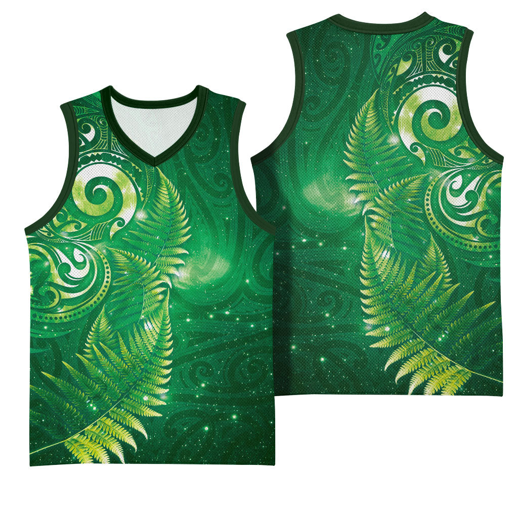 Aotearoa New Zealand New Year Basketball Jersey Tribal Koru Tattoo Green Galaxy Maori Silver Fern