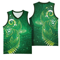 Aotearoa New Zealand New Year Basketball Jersey Tribal Koru Tattoo Green Galaxy Maori Silver Fern