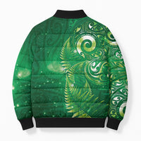 Aotearoa New Zealand New Year Bomber Puffer Jacket Tribal Koru Tattoo Green Galaxy Maori Silver Fern