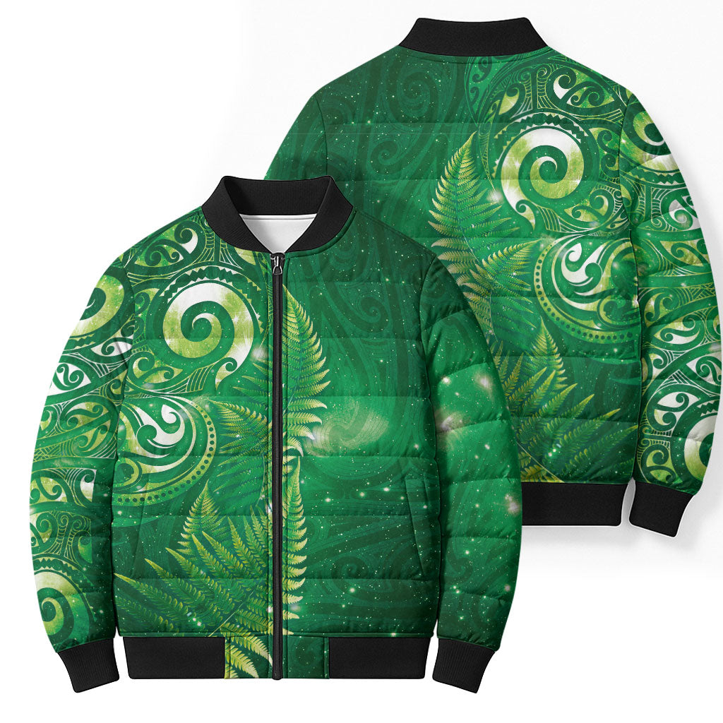 Aotearoa New Zealand New Year Bomber Puffer Jacket Tribal Koru Tattoo Green Galaxy Maori Silver Fern