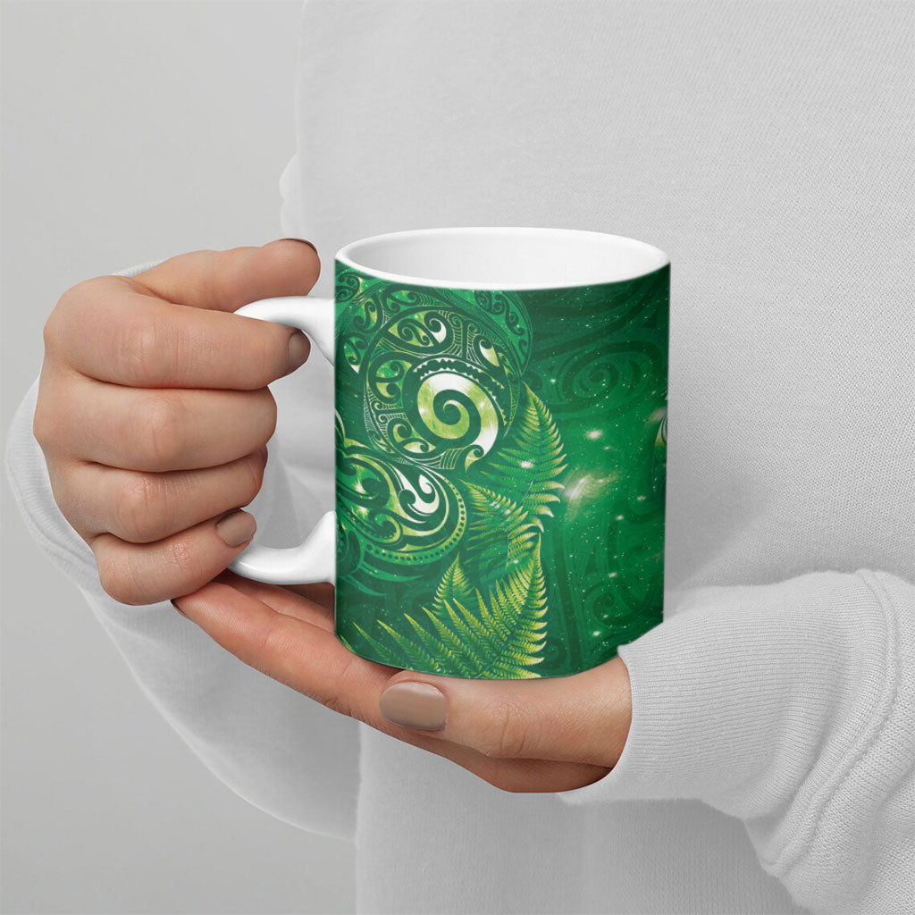 Aotearoa New Zealand New Year Ceramic Mug Tribal Koru Tattoo Green Galaxy Maori Silver Fern
