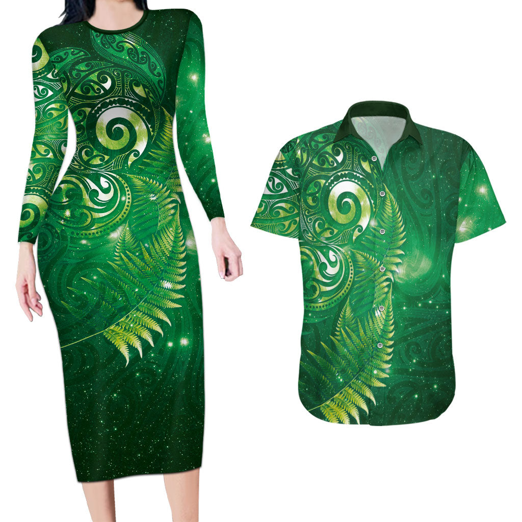 Aotearoa New Zealand New Year Couples Matching Long Sleeve Bodycon Dress and Hawaiian Shirt Tribal Koru Tattoo Green Galaxy Maori Silver Fern