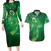 Aotearoa New Zealand New Year Couples Matching Long Sleeve Bodycon Dress and Hawaiian Shirt Tribal Koru Tattoo Green Galaxy Maori Silver Fern