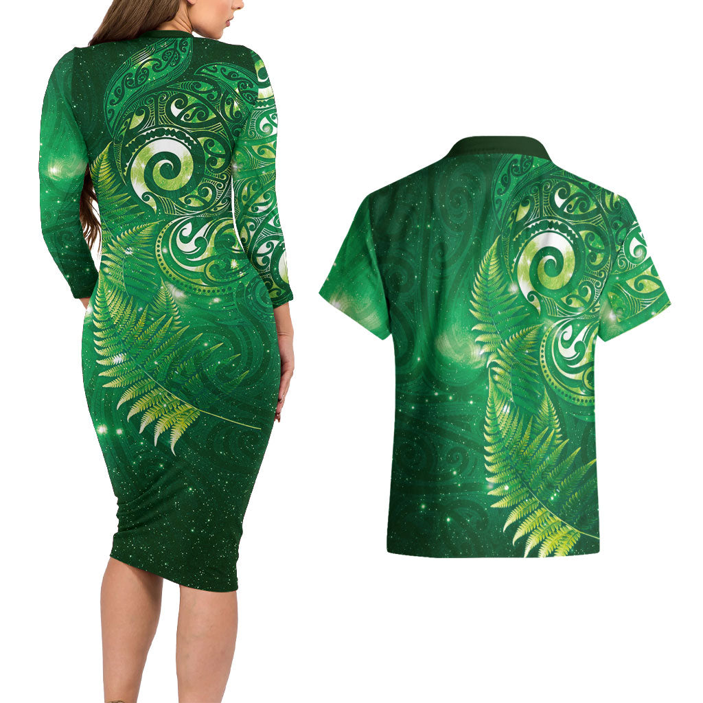 Aotearoa New Zealand New Year Couples Matching Long Sleeve Bodycon Dress and Hawaiian Shirt Tribal Koru Tattoo Green Galaxy Maori Silver Fern