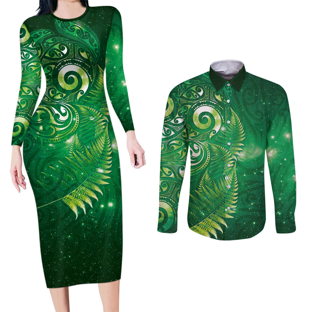 Aotearoa New Zealand New Year Couples Matching Long Sleeve Bodycon Dress and Long Sleeve Button Shirt Tribal Koru Tattoo Green Galaxy Maori Silver Fern