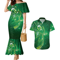 Aotearoa New Zealand New Year Couples Matching Mermaid Dress and Hawaiian Shirt Tribal Koru Tattoo Green Galaxy Maori Silver Fern LT03 Green - Polynesian Pride