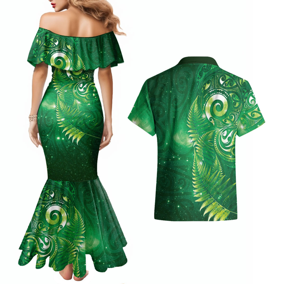 Aotearoa New Zealand New Year Couples Matching Mermaid Dress and Hawaiian Shirt Tribal Koru Tattoo Green Galaxy Maori Silver Fern LT03 - Polynesian Pride