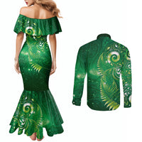 Aotearoa New Zealand New Year Couples Matching Mermaid Dress and Long Sleeve Button Shirt Tribal Koru Tattoo Green Galaxy Maori Silver Fern