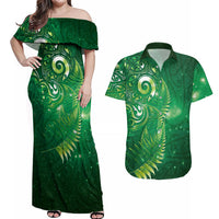 Aotearoa New Zealand New Year Couples Matching Off Shoulder Maxi Dress and Hawaiian Shirt Tribal Koru Tattoo Green Galaxy Maori Silver Fern