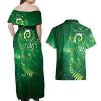 Aotearoa New Zealand New Year Couples Matching Off Shoulder Maxi Dress and Hawaiian Shirt Tribal Koru Tattoo Green Galaxy Maori Silver Fern