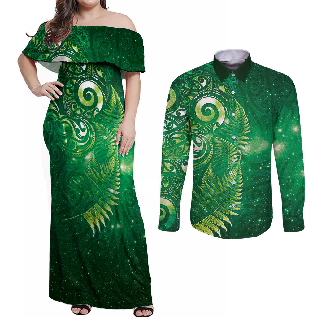 Aotearoa New Zealand New Year Couples Matching Off Shoulder Maxi Dress and Long Sleeve Button Shirt Tribal Koru Tattoo Green Galaxy Maori Silver Fern LT03 Green - Polynesian Pride