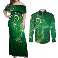Aotearoa New Zealand New Year Couples Matching Off Shoulder Maxi Dress and Long Sleeve Button Shirt Tribal Koru Tattoo Green Galaxy Maori Silver Fern LT03 Green - Polynesian Pride