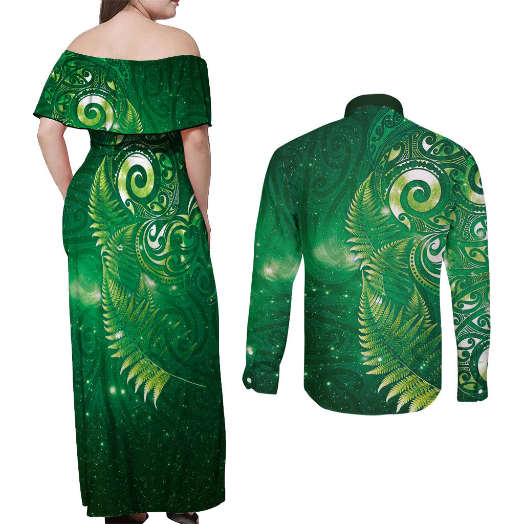 Aotearoa New Zealand New Year Couples Matching Off Shoulder Maxi Dress and Long Sleeve Button Shirt Tribal Koru Tattoo Green Galaxy Maori Silver Fern LT03 - Polynesian Pride
