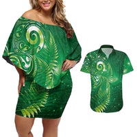 Aotearoa New Zealand New Year Couples Matching Off Shoulder Short Dress and Hawaiian Shirt Tribal Koru Tattoo Green Galaxy Maori Silver Fern
