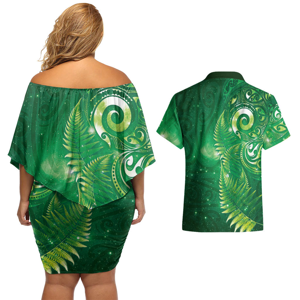 Aotearoa New Zealand New Year Couples Matching Off Shoulder Short Dress and Hawaiian Shirt Tribal Koru Tattoo Green Galaxy Maori Silver Fern