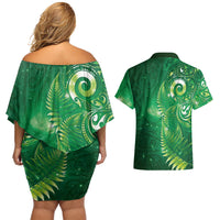 Aotearoa New Zealand New Year Couples Matching Off Shoulder Short Dress and Hawaiian Shirt Tribal Koru Tattoo Green Galaxy Maori Silver Fern