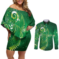 Aotearoa New Zealand New Year Couples Matching Off Shoulder Short Dress and Long Sleeve Button Shirt Tribal Koru Tattoo Green Galaxy Maori Silver Fern