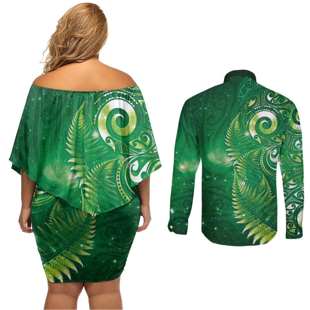 Aotearoa New Zealand New Year Couples Matching Off Shoulder Short Dress and Long Sleeve Button Shirt Tribal Koru Tattoo Green Galaxy Maori Silver Fern