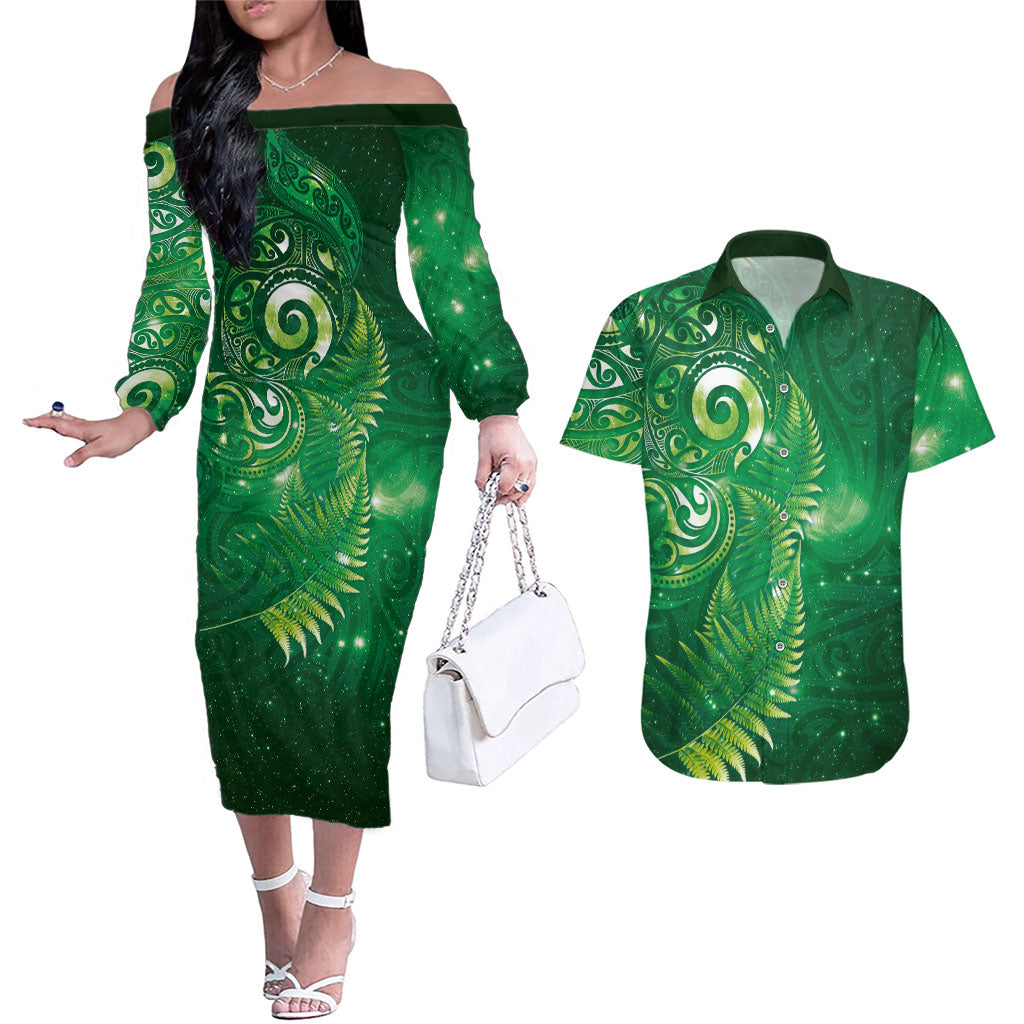 Aotearoa New Zealand New Year Couples Matching Off The Shoulder Long Sleeve Dress and Hawaiian Shirt Tribal Koru Tattoo Green Galaxy Maori Silver Fern LT03 Green - Polynesian Pride