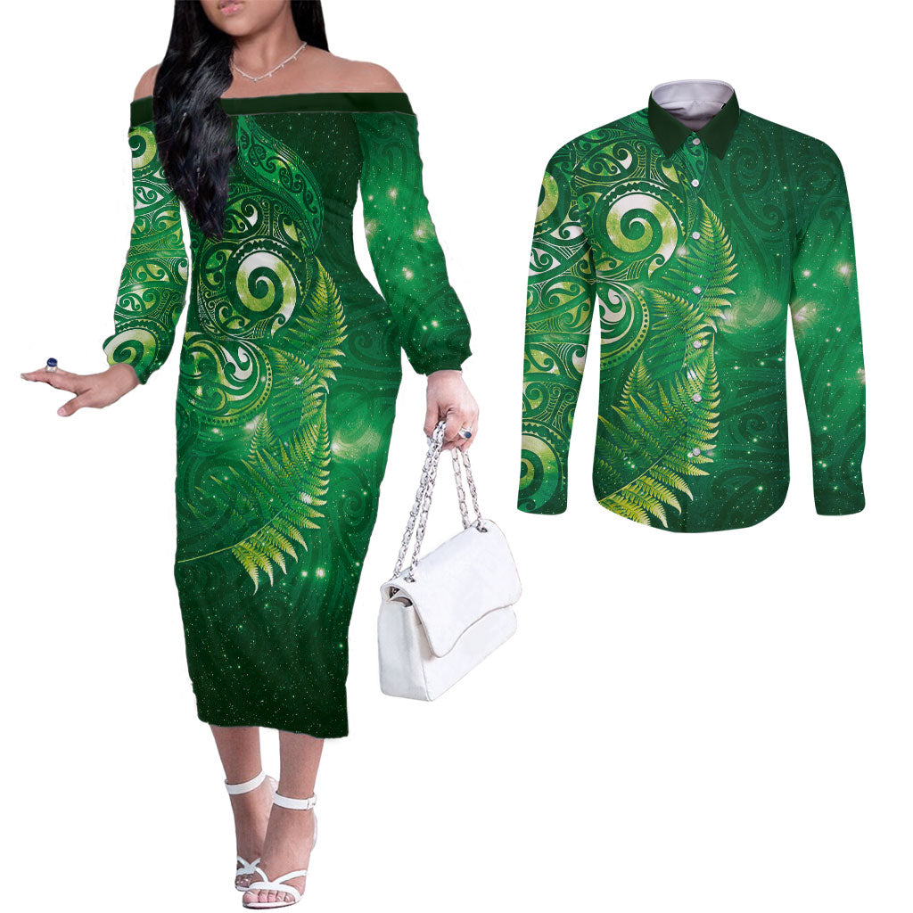 Aotearoa New Zealand New Year Couples Matching Off The Shoulder Long Sleeve Dress and Long Sleeve Button Shirt Tribal Koru Tattoo Green Galaxy Maori Silver Fern