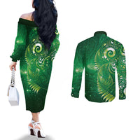 Aotearoa New Zealand New Year Couples Matching Off The Shoulder Long Sleeve Dress and Long Sleeve Button Shirt Tribal Koru Tattoo Green Galaxy Maori Silver Fern