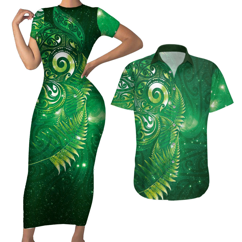 Aotearoa New Zealand New Year Couples Matching Short Sleeve Bodycon Dress and Hawaiian Shirt Tribal Koru Tattoo Green Galaxy Maori Silver Fern LT03 Green - Polynesian Pride