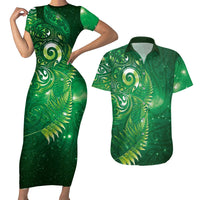 Aotearoa New Zealand New Year Couples Matching Short Sleeve Bodycon Dress and Hawaiian Shirt Tribal Koru Tattoo Green Galaxy Maori Silver Fern LT03 Green - Polynesian Pride