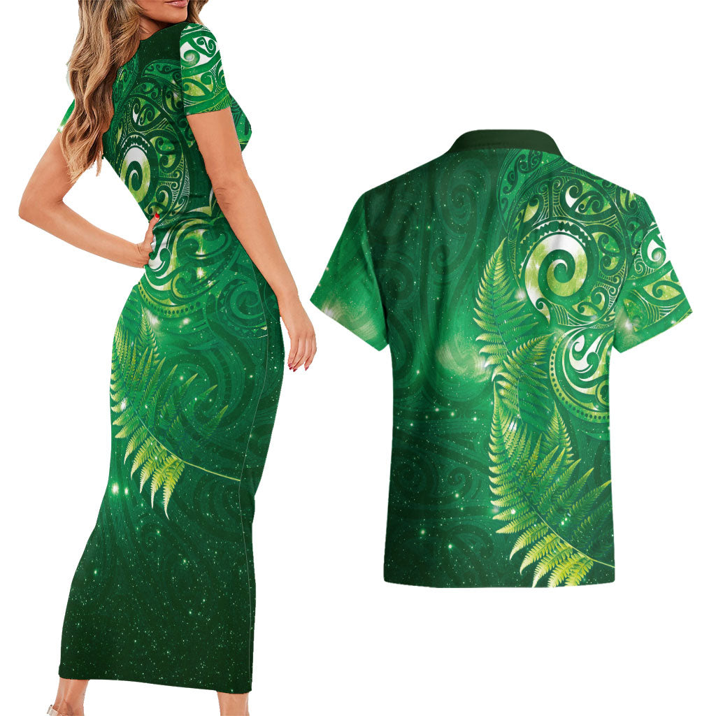 Aotearoa New Zealand New Year Couples Matching Short Sleeve Bodycon Dress and Hawaiian Shirt Tribal Koru Tattoo Green Galaxy Maori Silver Fern LT03 - Polynesian Pride