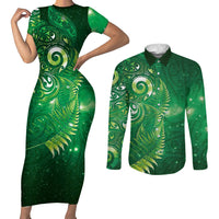 Aotearoa New Zealand New Year Couples Matching Short Sleeve Bodycon Dress and Long Sleeve Button Shirt Tribal Koru Tattoo Green Galaxy Maori Silver Fern