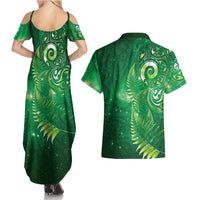 Aotearoa New Zealand New Year Couples Matching Summer Maxi Dress and Hawaiian Shirt Tribal Koru Tattoo Green Galaxy Maori Silver Fern