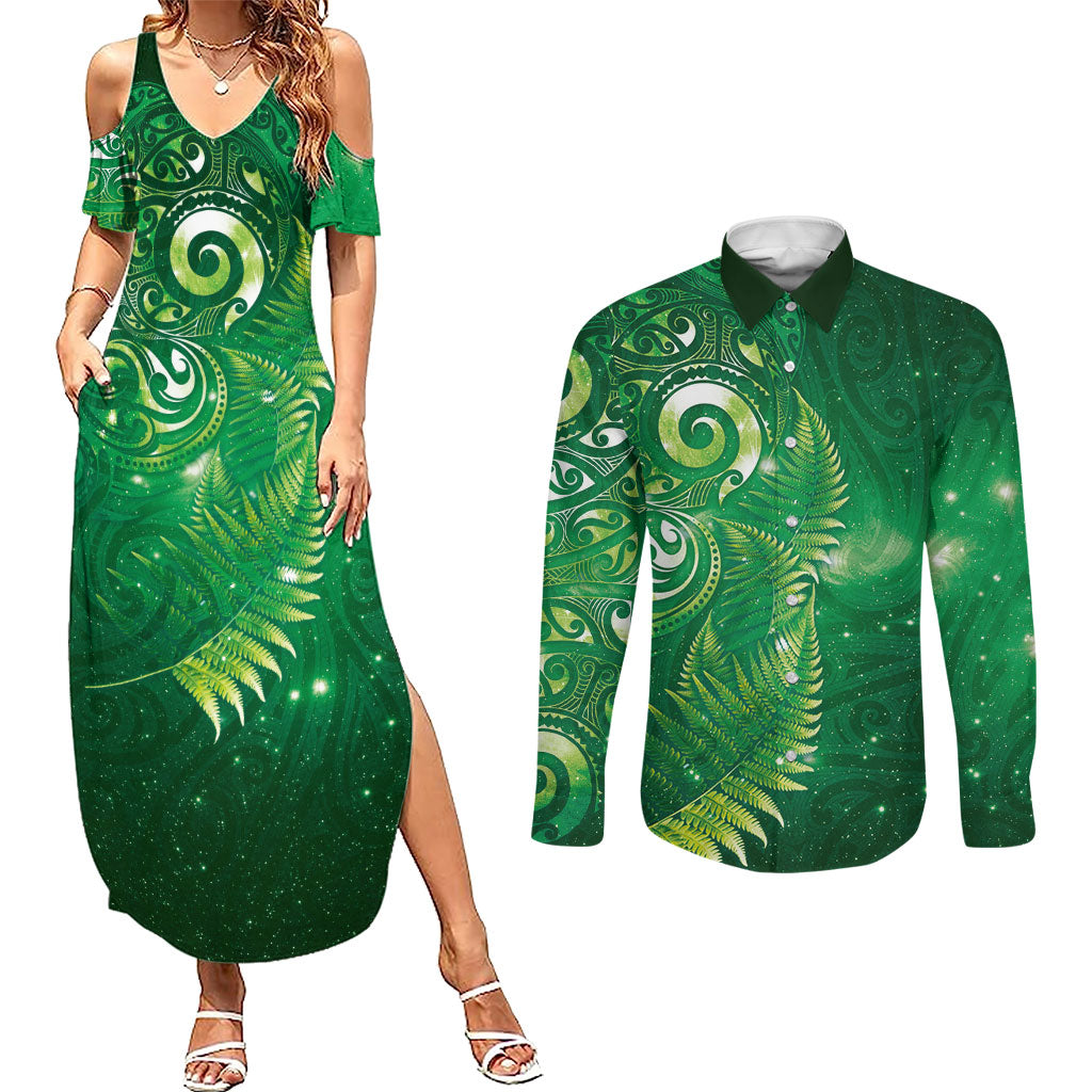 Aotearoa New Zealand New Year Couples Matching Summer Maxi Dress and Long Sleeve Button Shirt Tribal Koru Tattoo Green Galaxy Maori Silver Fern LT03 Green - Polynesian Pride