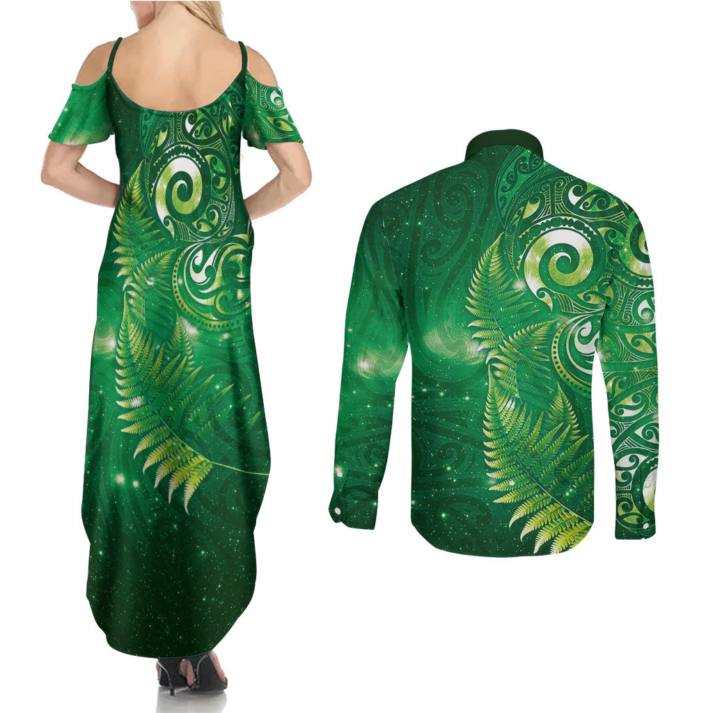 Aotearoa New Zealand New Year Couples Matching Summer Maxi Dress and Long Sleeve Button Shirt Tribal Koru Tattoo Green Galaxy Maori Silver Fern LT03 - Polynesian Pride