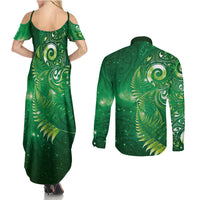 Aotearoa New Zealand New Year Couples Matching Summer Maxi Dress and Long Sleeve Button Shirt Tribal Koru Tattoo Green Galaxy Maori Silver Fern LT03 - Polynesian Pride