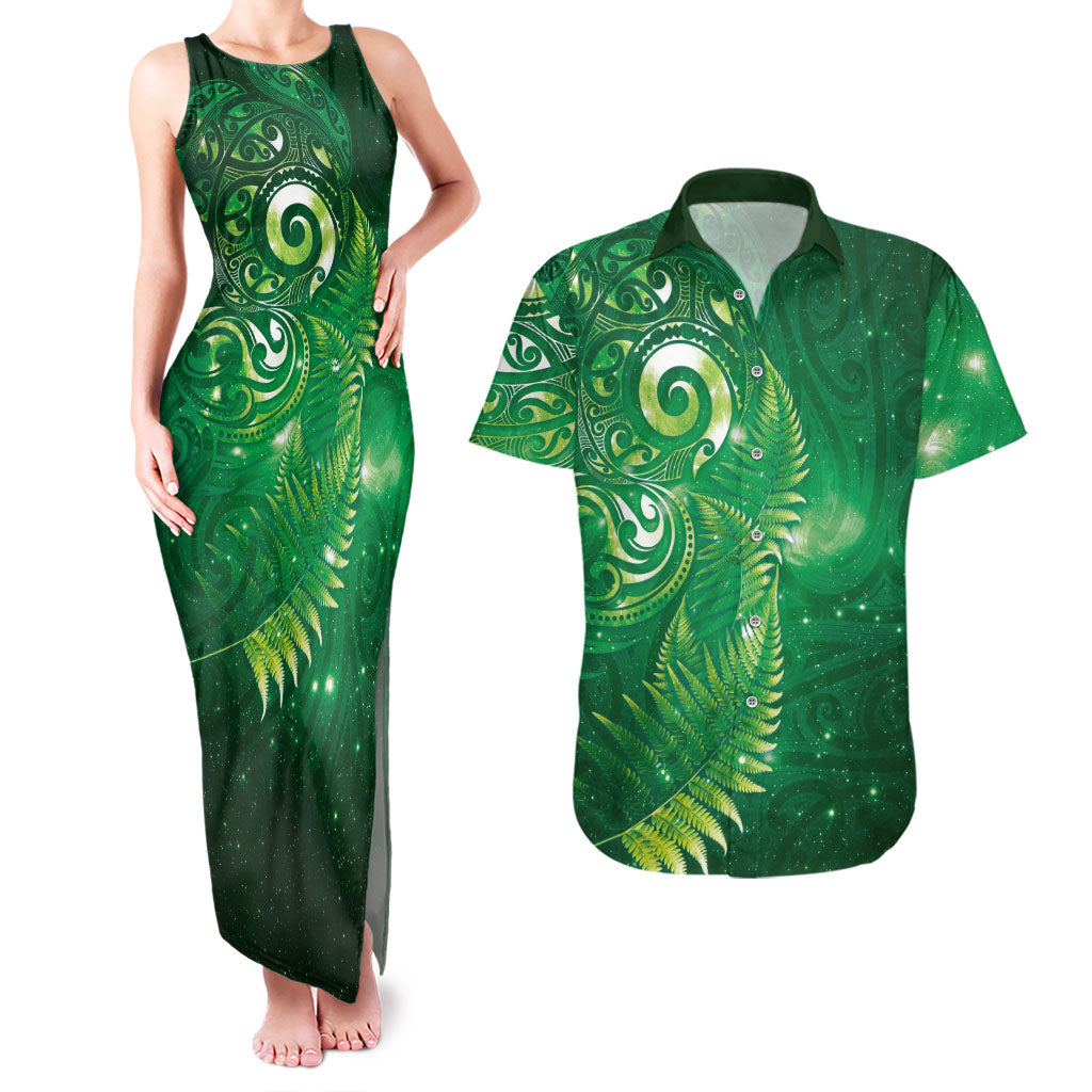 Aotearoa New Zealand New Year Couples Matching Tank Maxi Dress and Hawaiian Shirt Tribal Koru Tattoo Green Galaxy Maori Silver Fern
