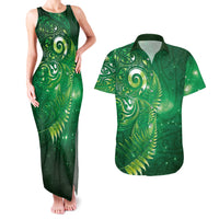 Aotearoa New Zealand New Year Couples Matching Tank Maxi Dress and Hawaiian Shirt Tribal Koru Tattoo Green Galaxy Maori Silver Fern