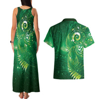 Aotearoa New Zealand New Year Couples Matching Tank Maxi Dress and Hawaiian Shirt Tribal Koru Tattoo Green Galaxy Maori Silver Fern