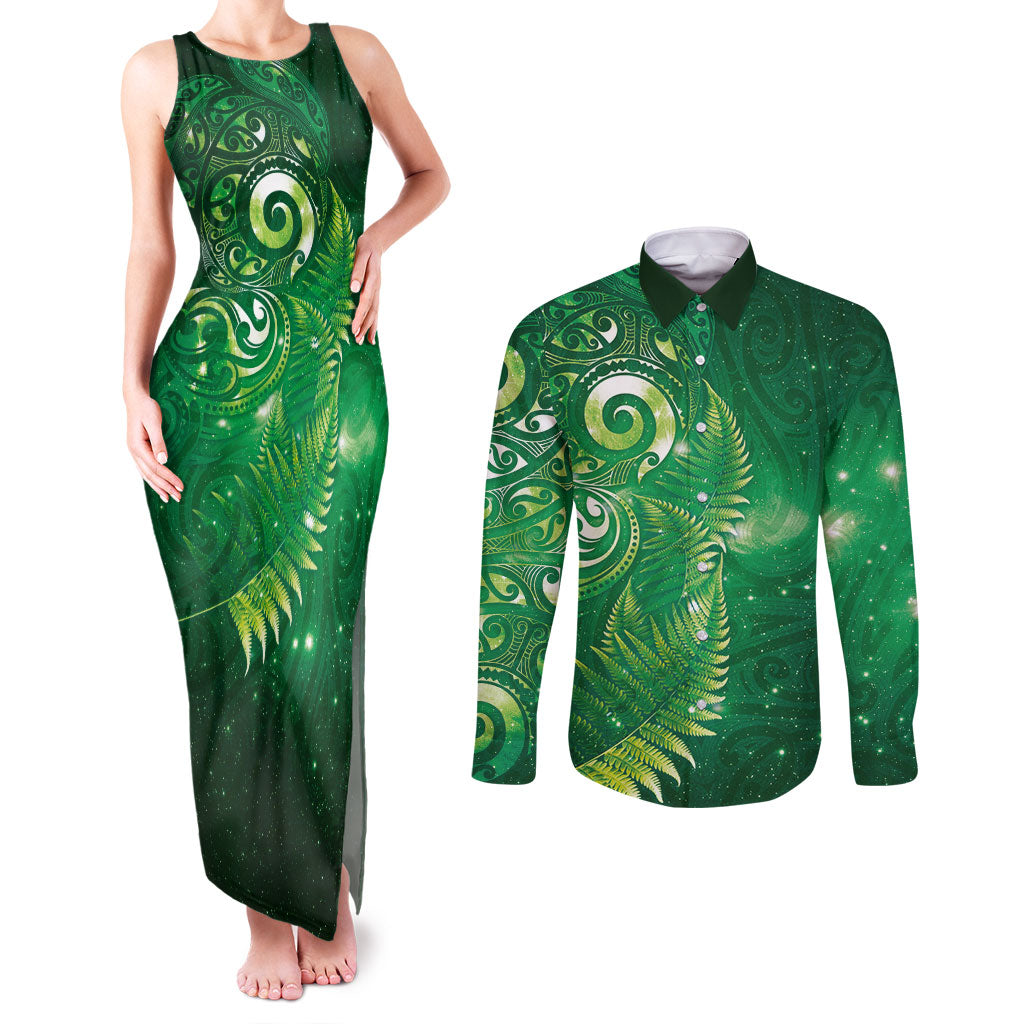 Aotearoa New Zealand New Year Couples Matching Tank Maxi Dress and Long Sleeve Button Shirt Tribal Koru Tattoo Green Galaxy Maori Silver Fern