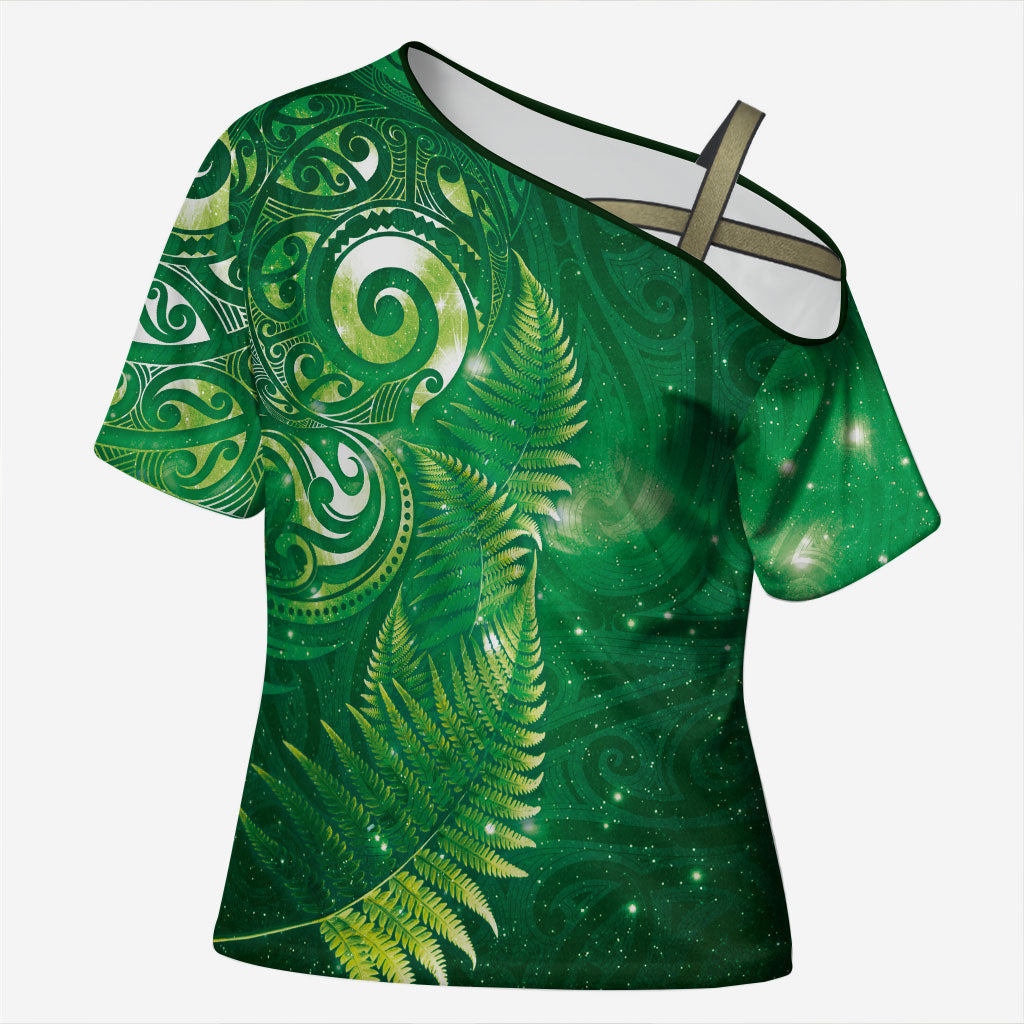 Aotearoa New Zealand New Year Cross Shoulder Shirt Tribal Koru Tattoo Green Galaxy Maori Silver Fern
