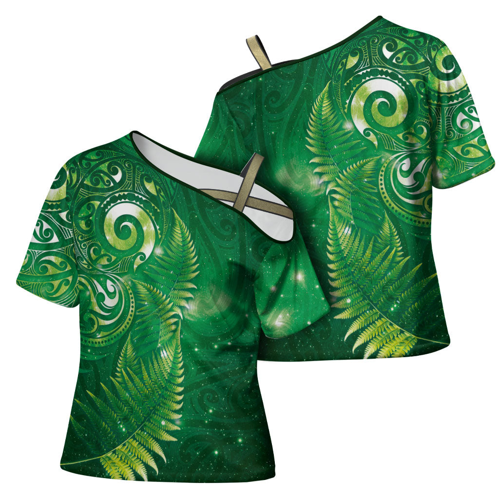 Aotearoa New Zealand New Year Cross Shoulder Shirt Tribal Koru Tattoo Green Galaxy Maori Silver Fern
