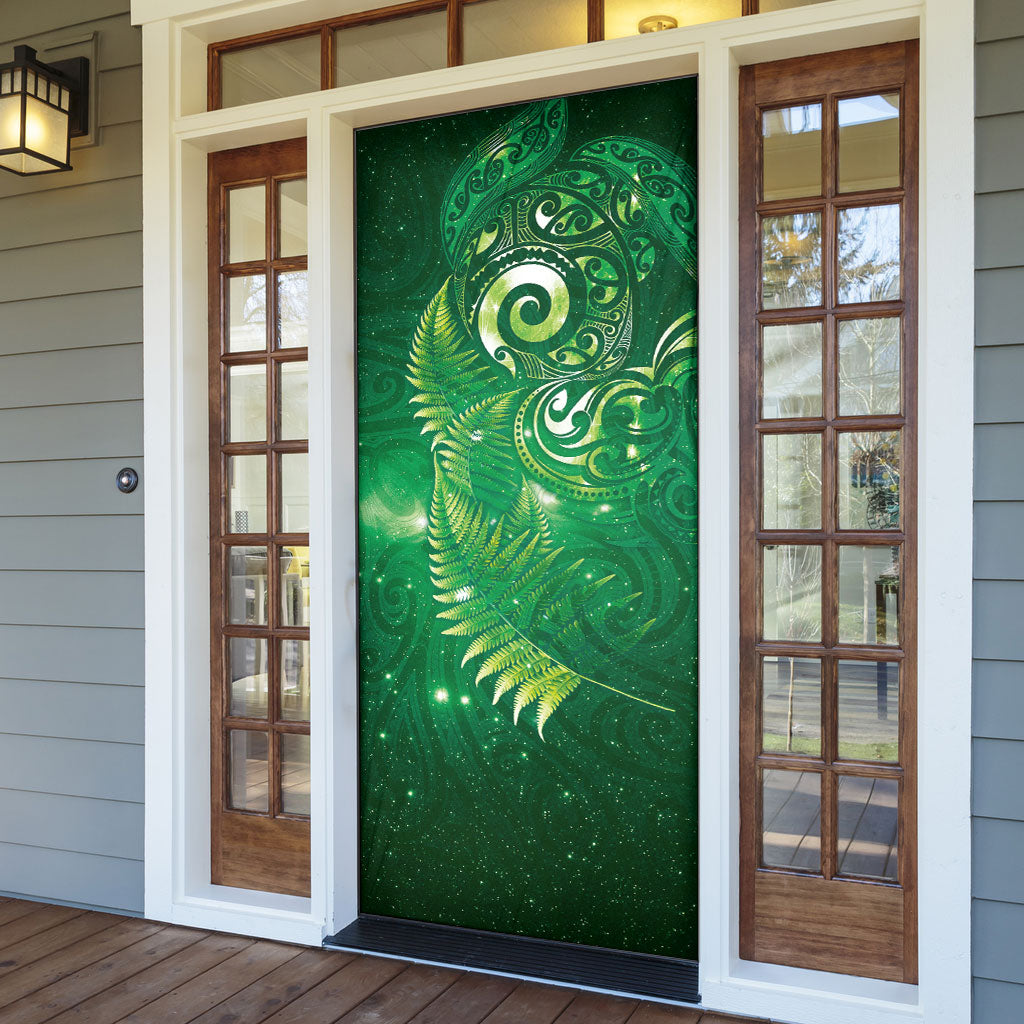 Aotearoa New Zealand New Year Door Cover Tribal Koru Tattoo Green Galaxy Maori Silver Fern