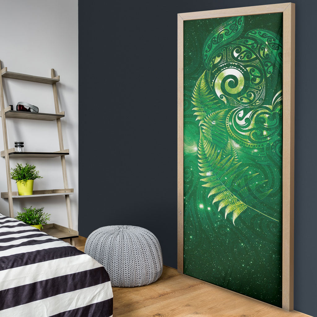 Aotearoa New Zealand New Year Door Cover Tribal Koru Tattoo Green Galaxy Maori Silver Fern