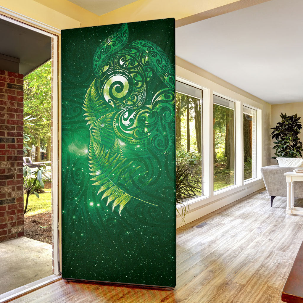 Aotearoa New Zealand New Year Door Cover Tribal Koru Tattoo Green Galaxy Maori Silver Fern